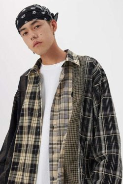 COOSRETRO Y2K Grunge Patchwork Flannel - 90s Retro Summer Outfit, Gothic Y2K Fashion