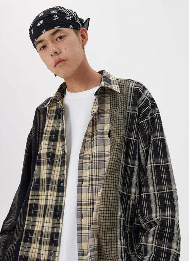 COOSRETRO Y2K Grunge Patchwork Flannel - 90s Retro Summer Outfit, Gothic Y2K Fashion