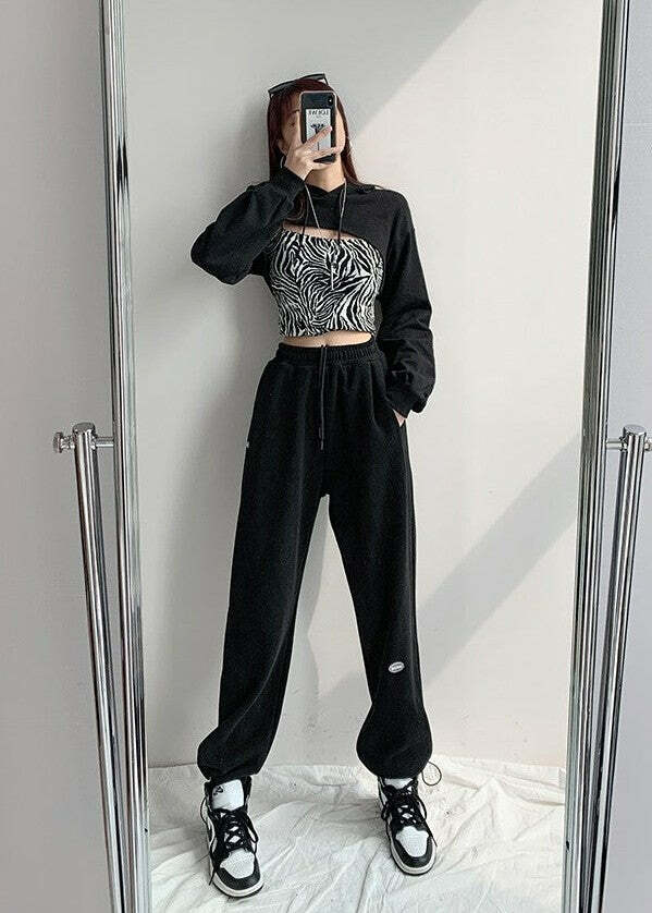 COSMOS STREET Y2K Grunge Extra Cropped Hooded Sweater - 90s Retro Summer Fashion Outfit