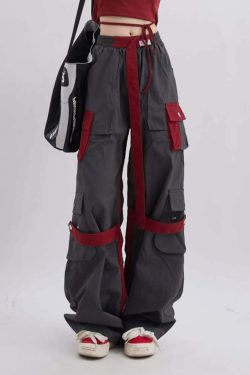 Crimson Wide Leg Gothic Cargo Pants - Y2K Grunge, 90s Fashion, Retro Style, Y2K Summer Outfits