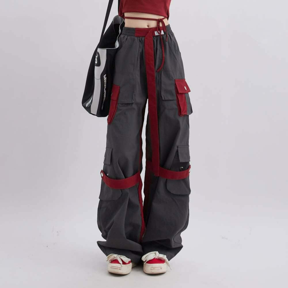 Crimson Wide Leg Gothic Cargo Pants - Y2K Grunge, 90s Fashion, Retro Style, Y2K Summer Outfits