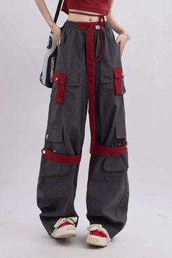 Crimson Wide Leg Gothic Cargo Pants - Y2K Grunge, 90s Fashion, Retro Style, Y2K Summer Outfits