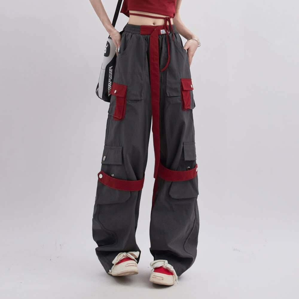 Crimson Wide Leg Gothic Cargo Pants - Y2K Grunge, 90s Fashion, Retro Style, Y2K Summer Outfits