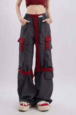 Crimson Wide Leg Gothic Cargo Pants - Y2K Grunge, 90s Fashion, Retro Style, Y2K Summer Outfits
