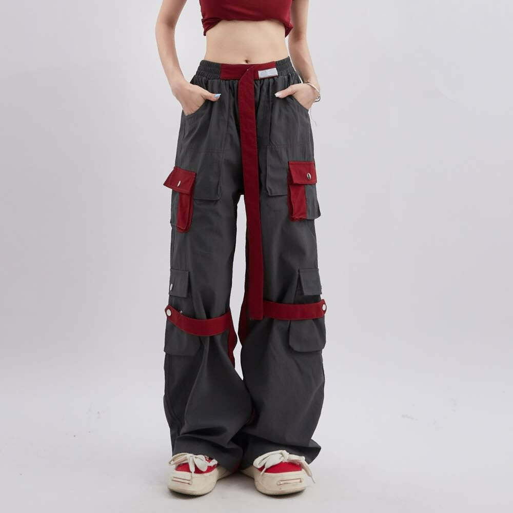 Crimson Wide Leg Gothic Cargo Pants - Y2K Grunge, 90s Fashion, Retro Style, Y2K Summer Outfits