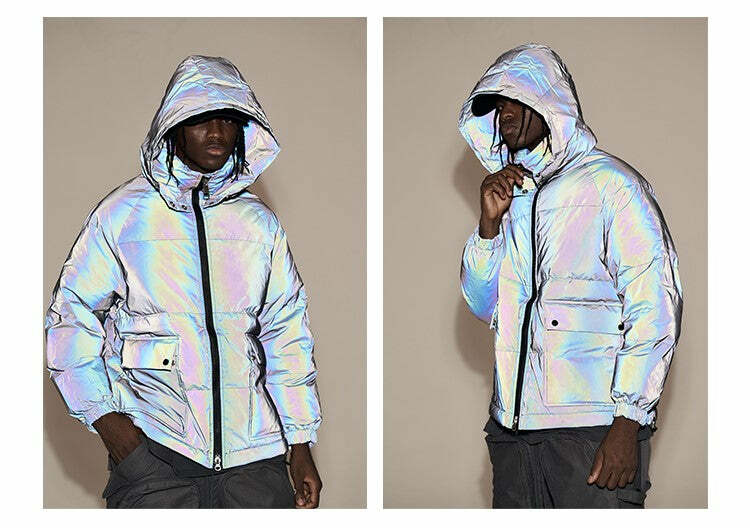 CWHAT 3M Reflective Puffer Jacket - Y2K Summer, 90s Grunge, Retro Hip Hop, Pastel Goth Fashion