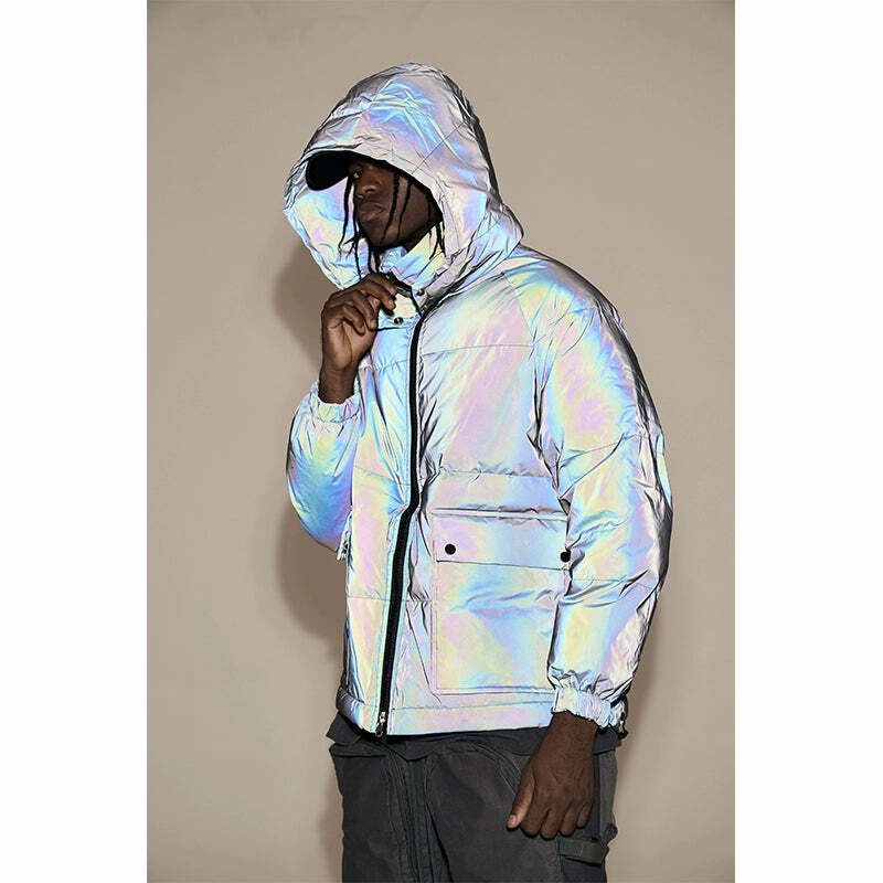 CWHAT 3M Reflective Puffer Jacket - Y2K Summer, 90s Grunge, Retro Hip Hop, Pastel Goth Fashion