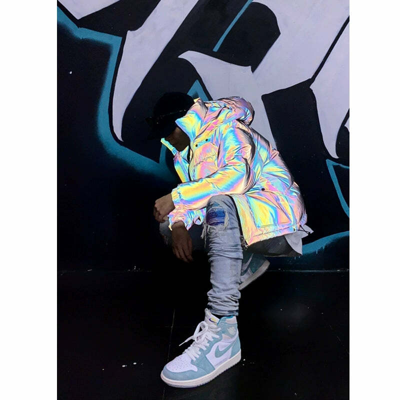 CWHAT 3M Reflective Puffer Jacket - Y2K Summer, 90s Grunge, Retro Hip Hop, Pastel Goth Fashion