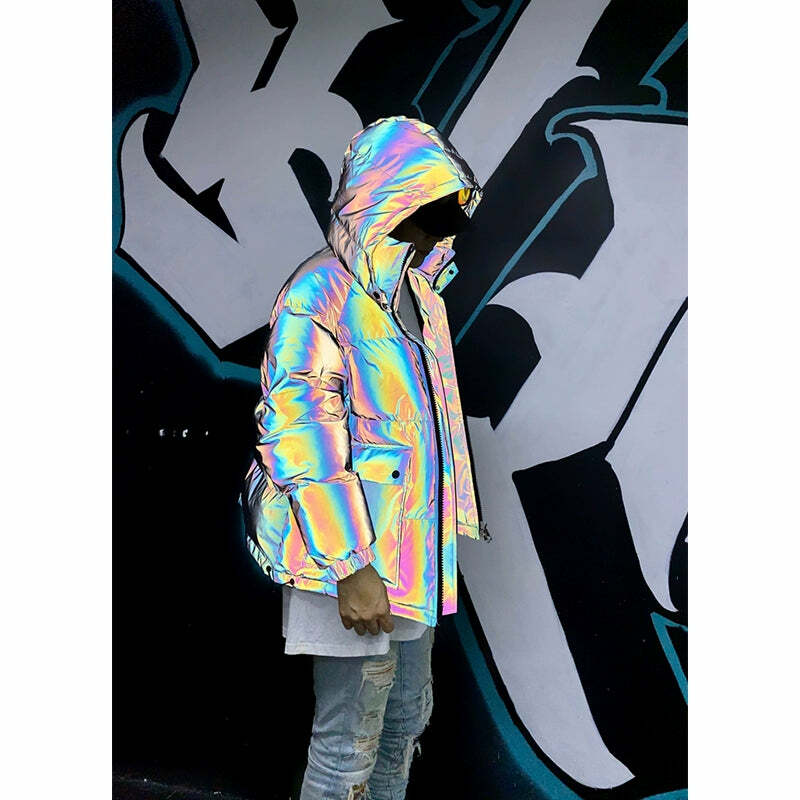 CWHAT 3M Reflective Puffer Jacket - Y2K Summer, 90s Grunge, Retro Hip Hop, Pastel Goth Fashion