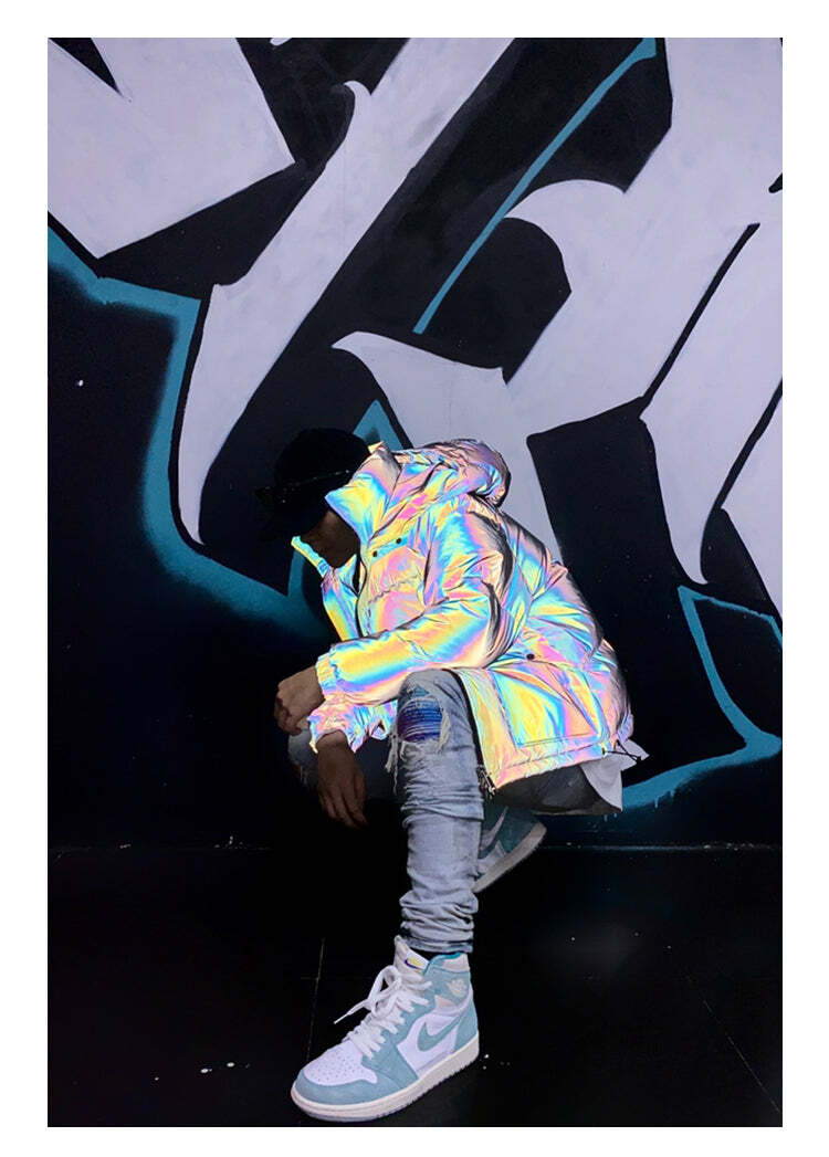 CWHAT 3M Reflective Puffer Jacket - Y2K Summer, 90s Grunge, Retro Hip Hop, Pastel Goth Fashion