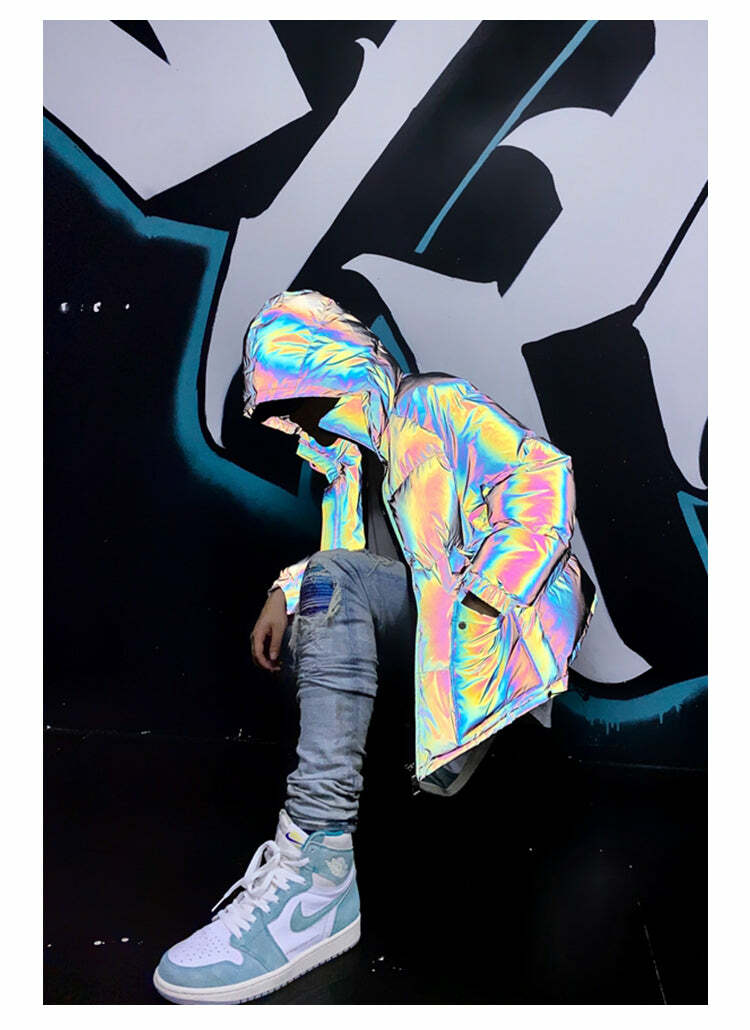 CWHAT 3M Reflective Puffer Jacket - Y2K Summer, 90s Grunge, Retro Hip Hop, Pastel Goth Fashion