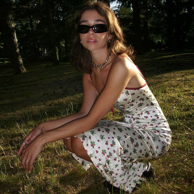 Darely Cherry Print Maxi Dress - Y2K Summer Outfit, 90s Fashion, Grunge, Retro Style