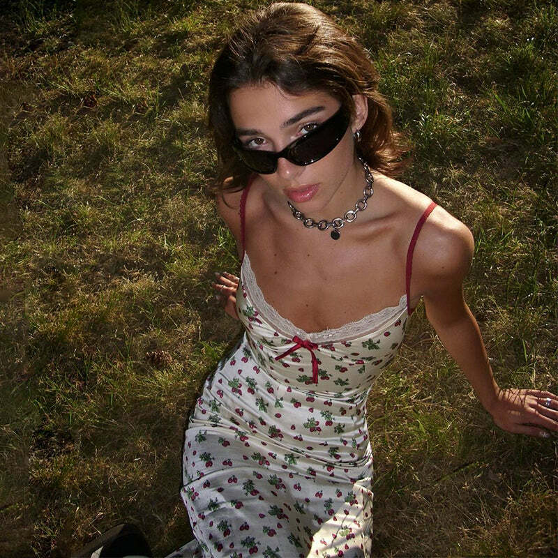 Darely Cherry Print Maxi Dress - Y2K Summer Outfit, 90s Fashion, Grunge, Retro Style