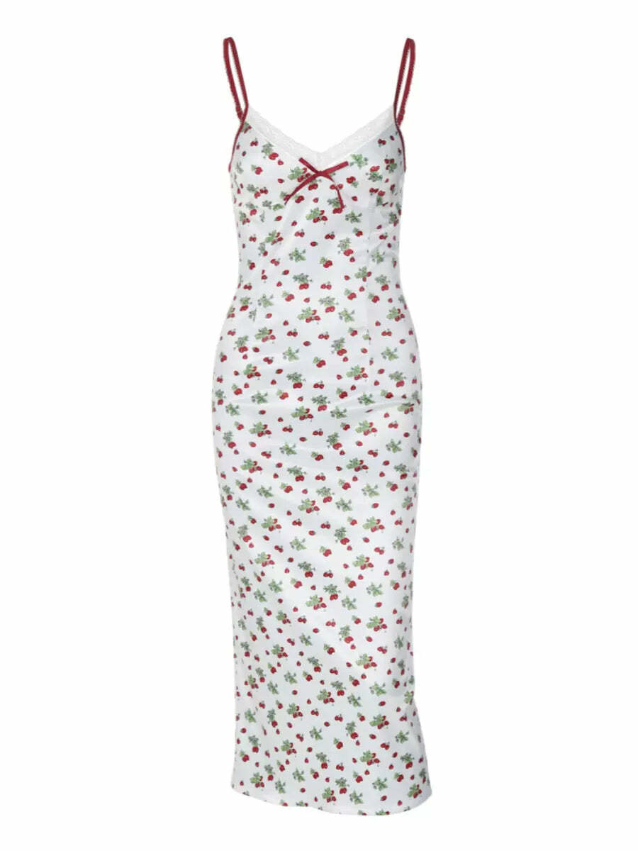 Darely Cherry Print Maxi Dress - Y2K Summer Outfit, 90s Fashion, Grunge, Retro Style