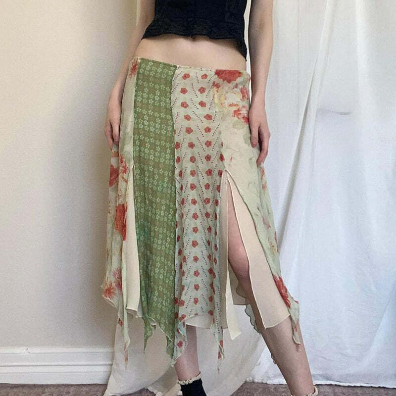 Dariana Patchwork Midi Skirt - Y2K Summer, 90s Fashion, Grunge, Retro, Pastel Goth, Y2K