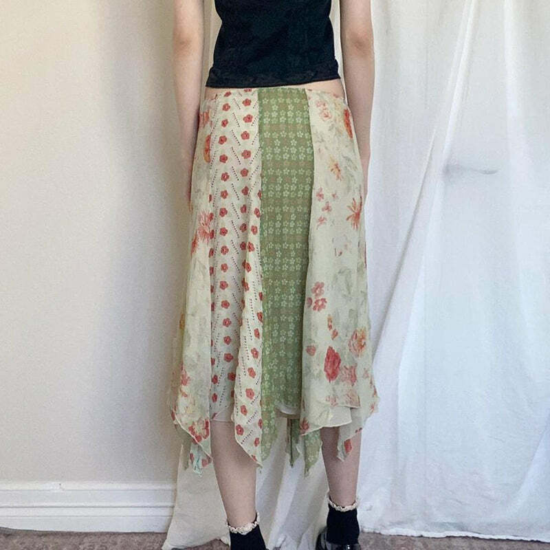 Dariana Patchwork Midi Skirt - Y2K Summer, 90s Fashion, Grunge, Retro, Pastel Goth, Y2K
