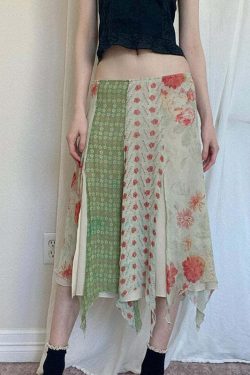 Dariana Patchwork Midi Skirt - Y2K Summer, 90s Fashion, Grunge, Retro, Pastel Goth, Y2K