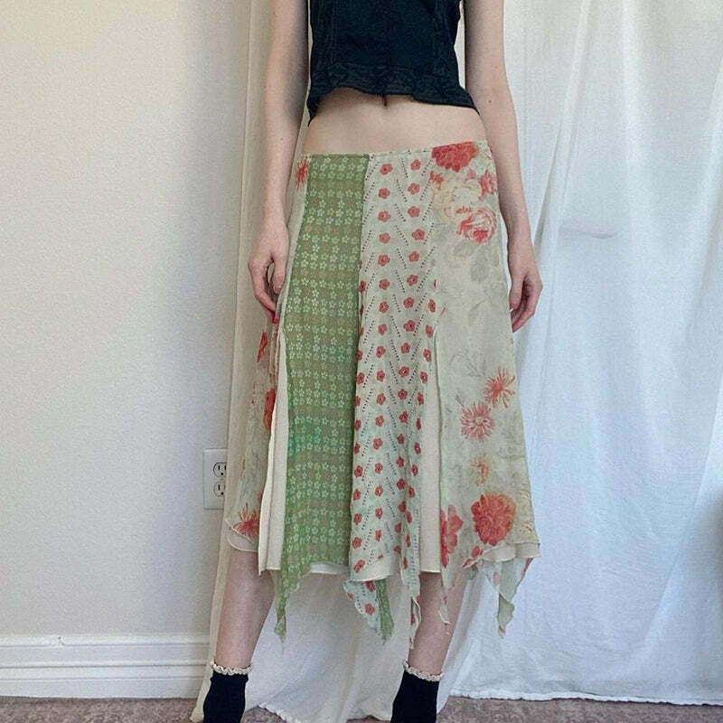 Dariana Patchwork Midi Skirt - Y2K Summer, 90s Fashion, Grunge, Retro, Pastel Goth, Y2K