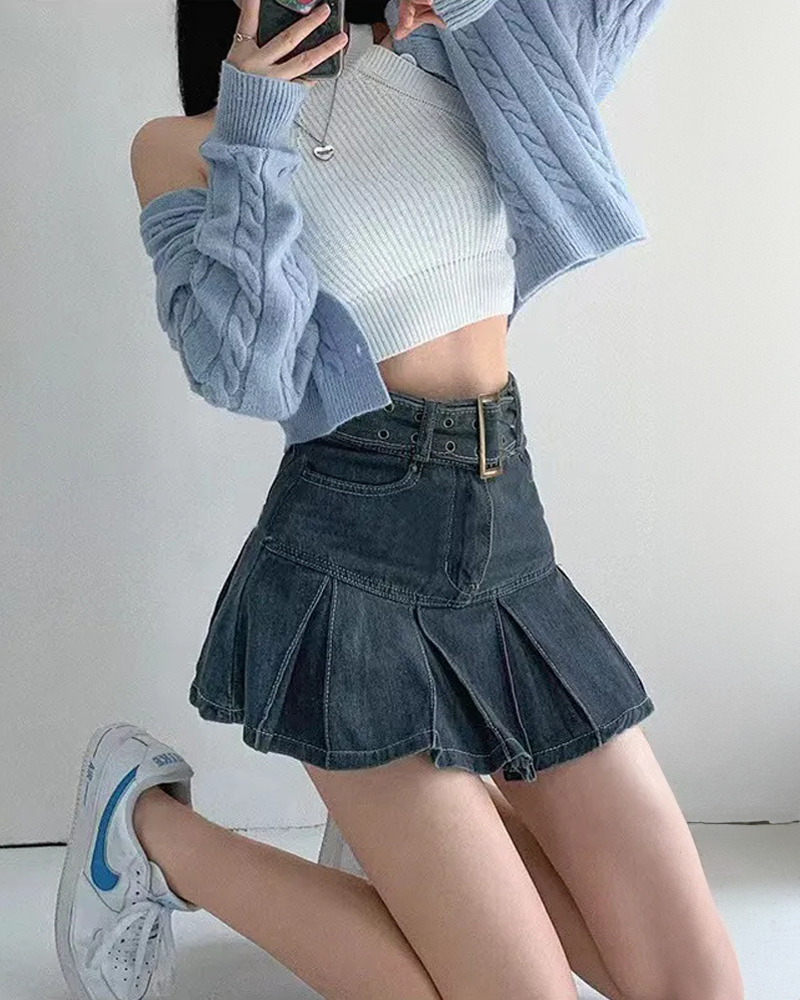 Dark Blue Denim Skirt - Y2K Summer Outfit, 90s Fashion, Grunge, Retro Style, Y2K Club & Party Look