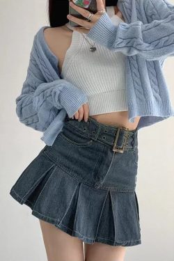 Dark Blue Denim Skirt - Y2K Summer Outfit, 90s Fashion, Grunge, Retro Style, Y2K Club & Party Look