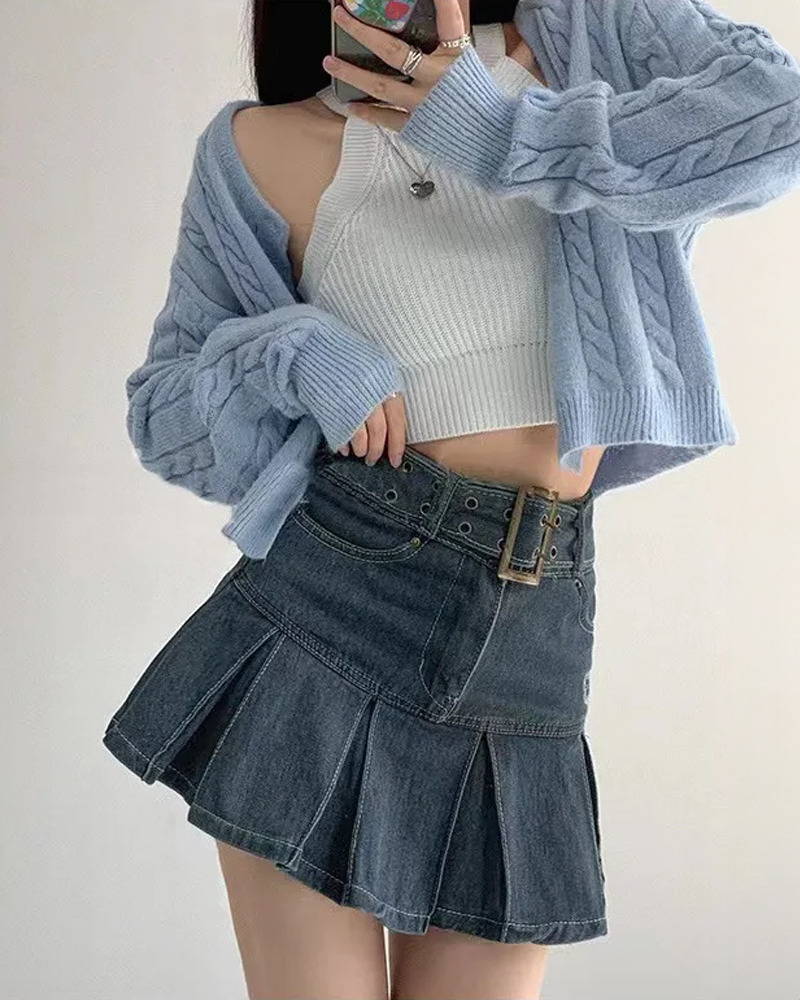 Dark Blue Denim Skirt - Y2K Summer Outfit, 90s Fashion, Grunge, Retro Style, Y2K Club & Party Look