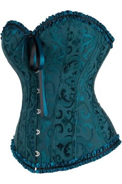 Dark Blue Gothic Ruffle Trim Hourglass Overbust Corset - Y2K Grunge, 90s Fashion, Retro Style