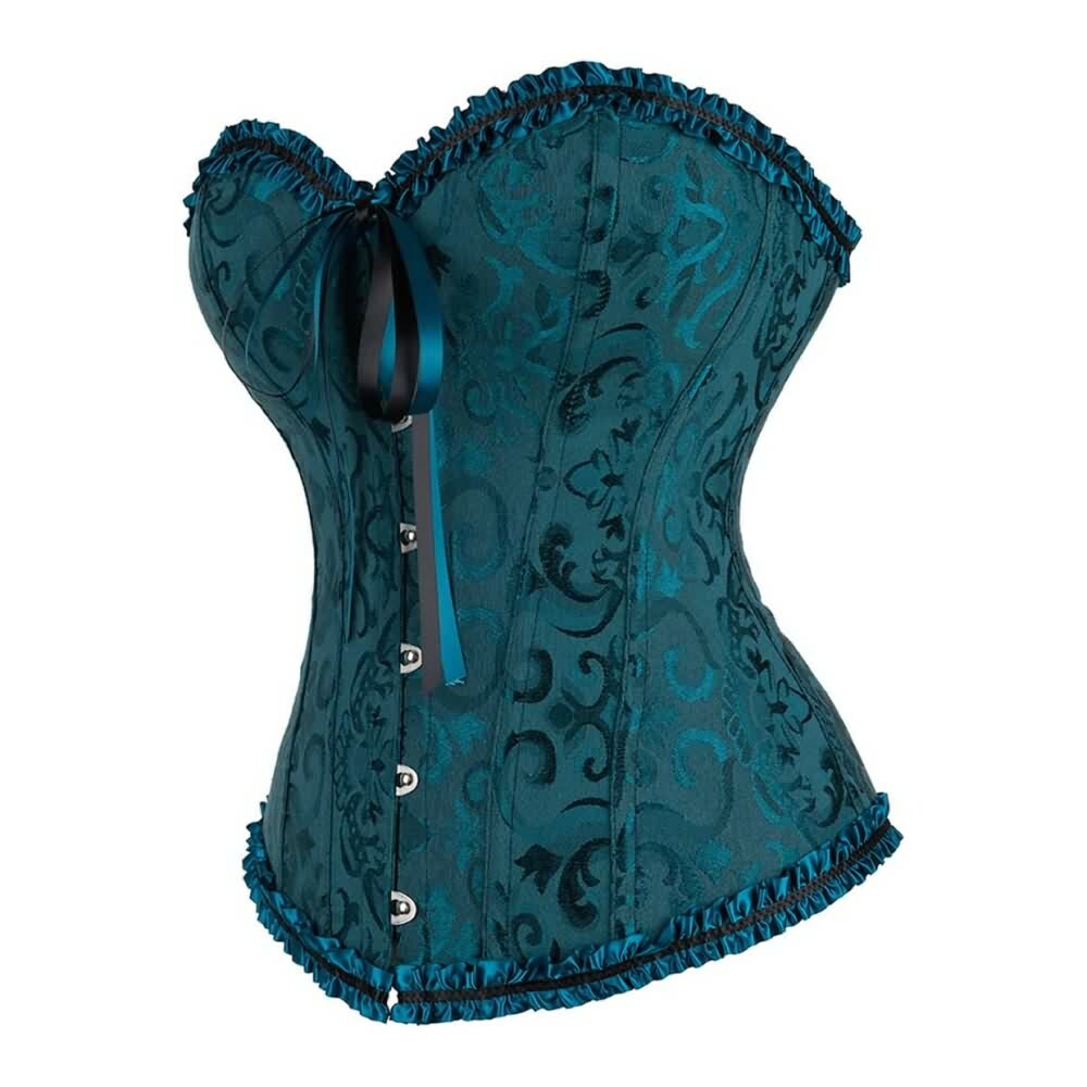 Dark Blue Gothic Ruffle Trim Hourglass Overbust Corset - Y2K Grunge, 90s Fashion, Retro Style