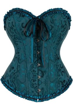 Dark Blue Gothic Ruffle Trim Hourglass Overbust Corset - Y2K Grunge, 90s Fashion, Retro Style