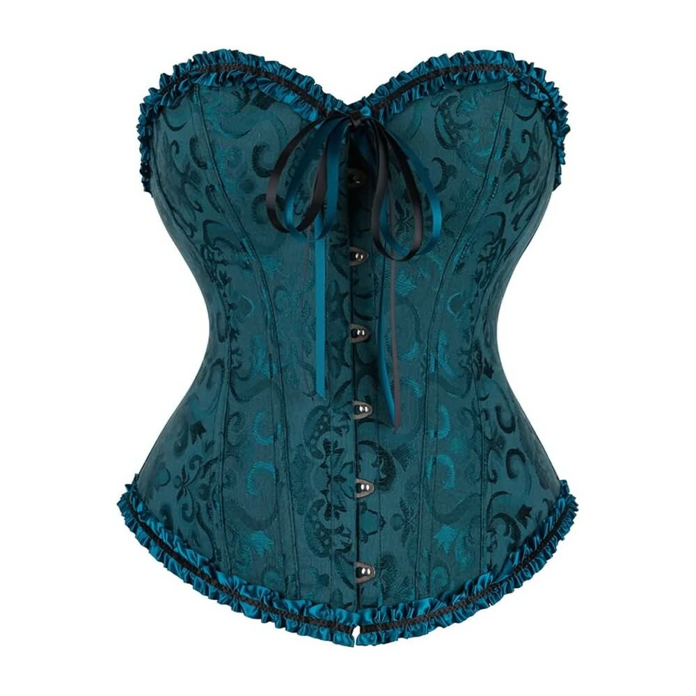 Dark Blue Gothic Ruffle Trim Hourglass Overbust Corset - Y2K Grunge, 90s Fashion, Retro Style