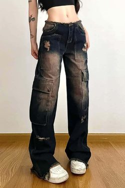 Dark Blue Ripped Cargo Jeans - Y2K Grunge, 90s Fashion, Retro Style, Y2K Summer Outfits