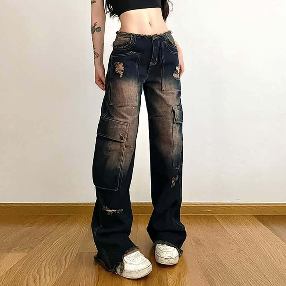 Dark Blue Ripped Cargo Jeans - Y2K Grunge, 90s Fashion, Retro Style, Y2K Summer Outfits
