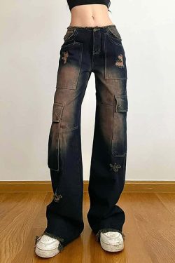 Dark Blue Ripped Cargo Jeans - Y2K Grunge, 90s Fashion, Retro Style, Y2K Summer Outfits