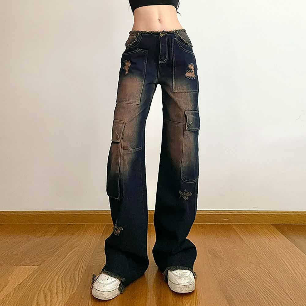 Dark Blue Ripped Cargo Jeans - Y2K Grunge, 90s Fashion, Retro Style, Y2K Summer Outfits