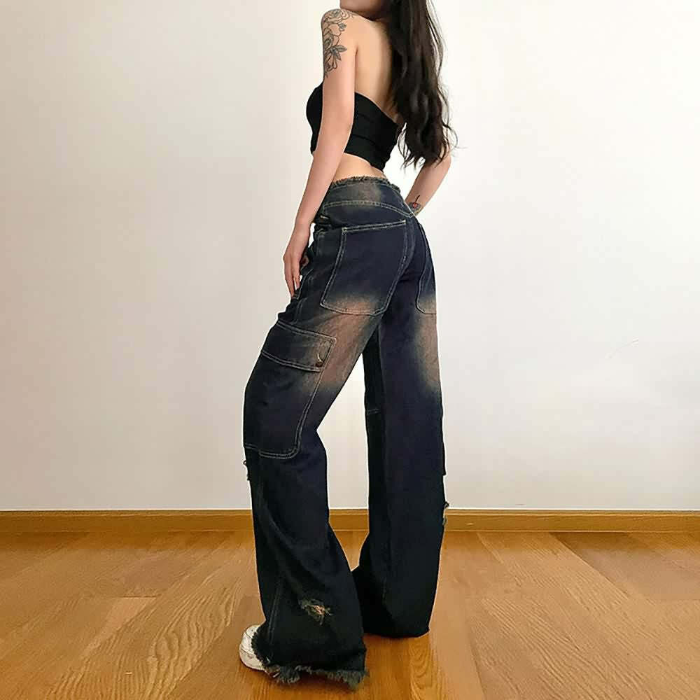 Dark Blue Ripped Cargo Jeans - Y2K Grunge, 90s Fashion, Retro Style, Y2K Summer Outfits