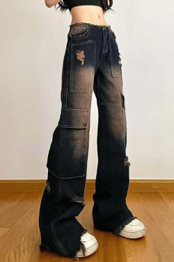 Dark Blue Ripped Cargo Jeans - Y2K Grunge, 90s Fashion, Retro Style, Y2K Summer Outfits