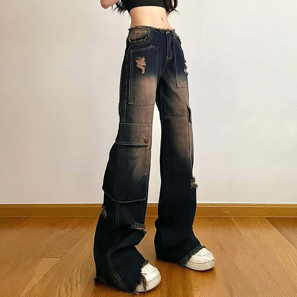 Dark Blue Ripped Cargo Jeans - Y2K Grunge, 90s Fashion, Retro Style, Y2K Summer Outfits
