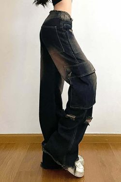 Dark Blue Ripped Cargo Jeans - Y2K Grunge, 90s Fashion, Retro Style, Y2K Summer Outfits