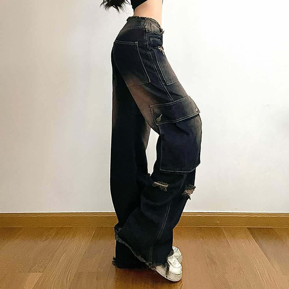 Dark Blue Ripped Cargo Jeans - Y2K Grunge, 90s Fashion, Retro Style, Y2K Summer Outfits