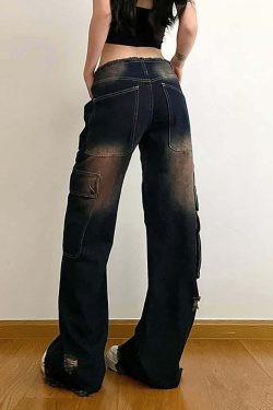 Dark Blue Ripped Cargo Jeans - Y2K Grunge, 90s Fashion, Retro Style, Y2K Summer Outfits