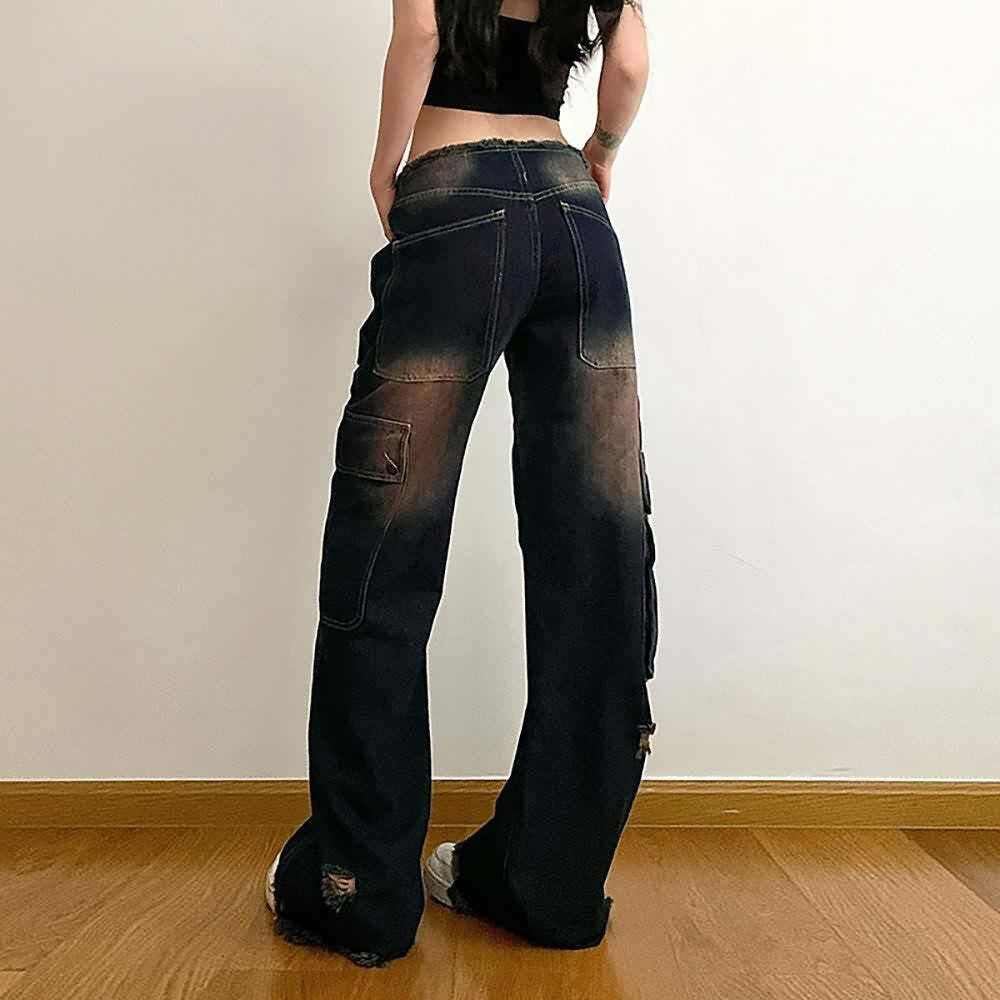 Dark Blue Ripped Cargo Jeans - Y2K Grunge, 90s Fashion, Retro Style, Y2K Summer Outfits