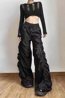 Dark Enigma Gothic Ruched Baggy Pants - Y2K Grunge, 90s Fashion, Retro Style, Y2K Summer Outfits
