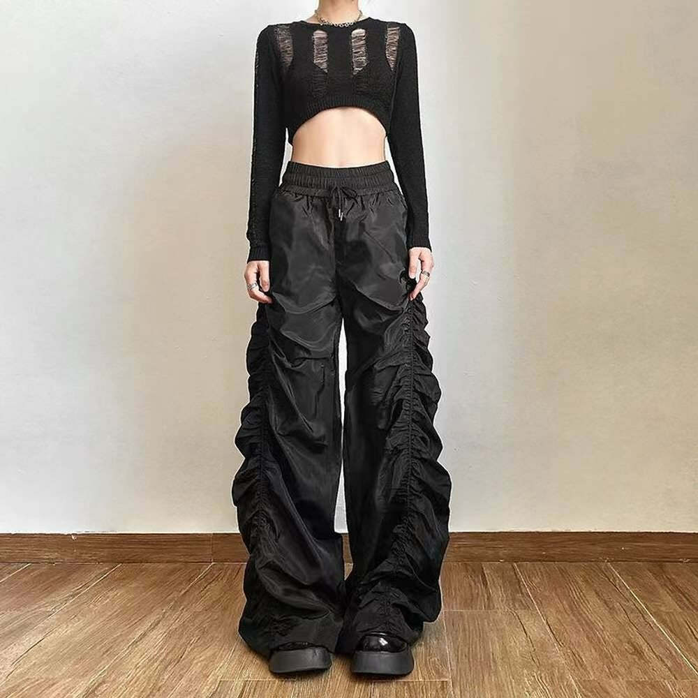 Dark Enigma Gothic Ruched Baggy Pants - Y2K Grunge, 90s Fashion, Retro Style, Y2K Summer Outfits