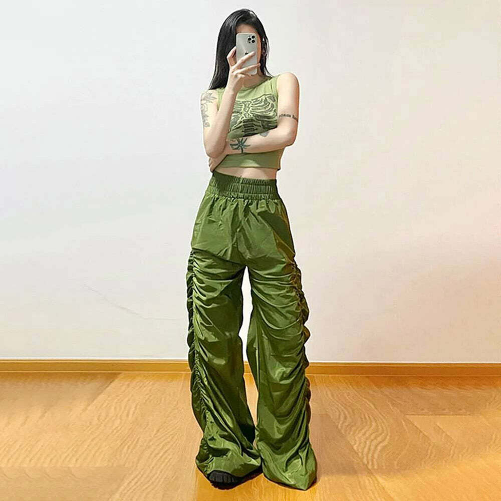 Dark Enigma Gothic Ruched Baggy Pants - Y2K Grunge, 90s Fashion, Retro Style, Y2K Summer Outfits