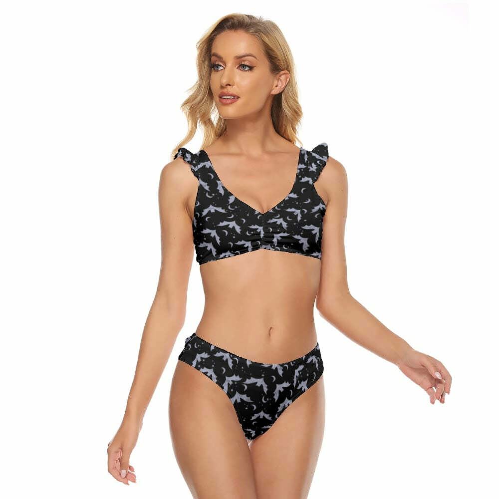 Dark Gothic Bat Ruffle Strap Bikini Set - Y2K Grunge Summer Outfit, Retro 90s Goth Swimwear