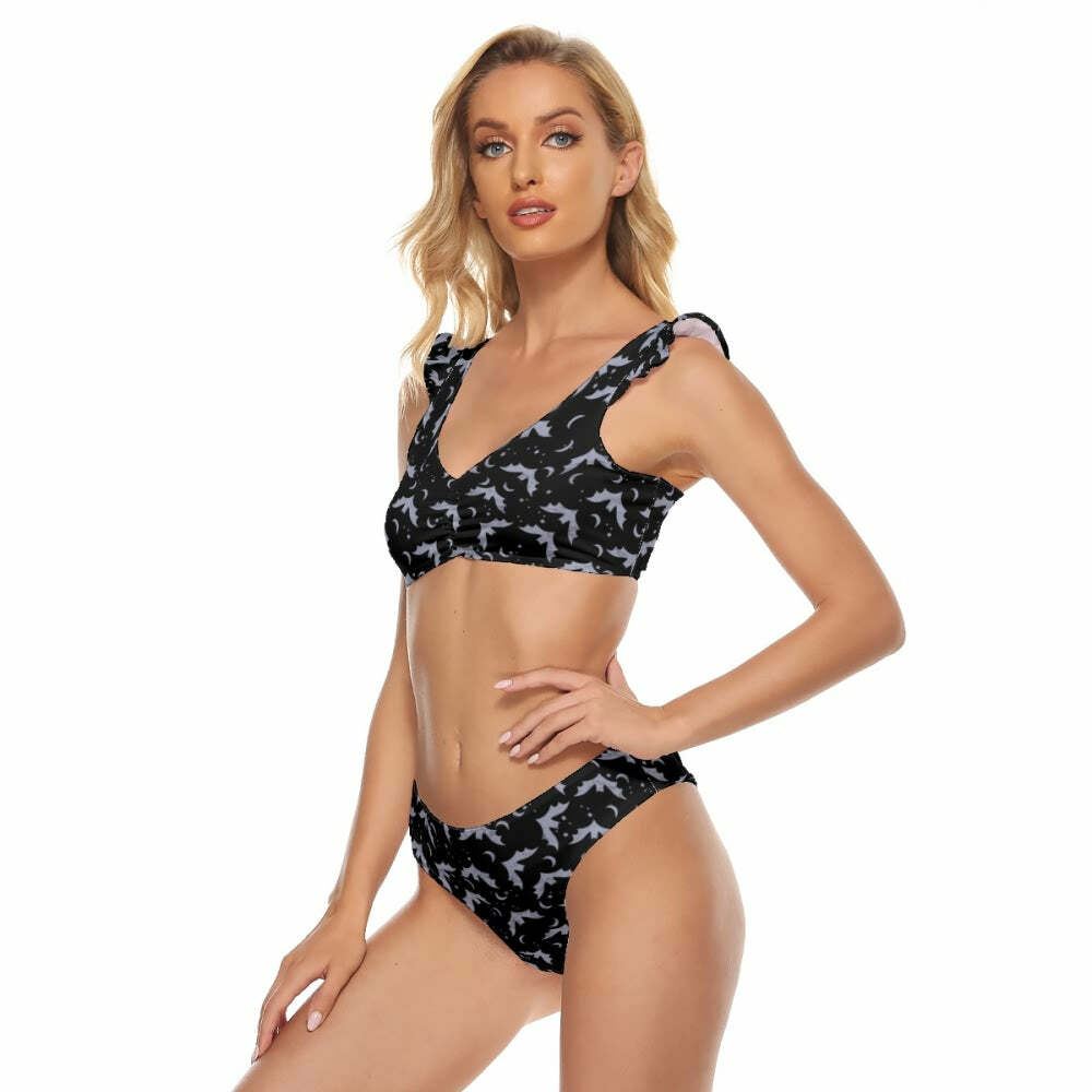 Dark Gothic Bat Ruffle Strap Bikini Set - Y2K Grunge Summer Outfit, Retro 90s Goth Swimwear