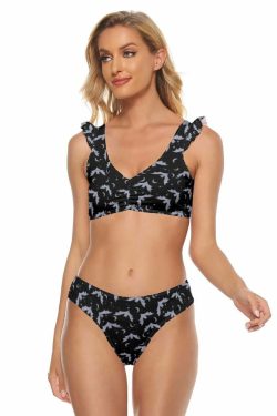 Dark Gothic Bat Ruffle Strap Bikini Set - Y2K Grunge Summer Outfit, Retro 90s Goth Swimwear
