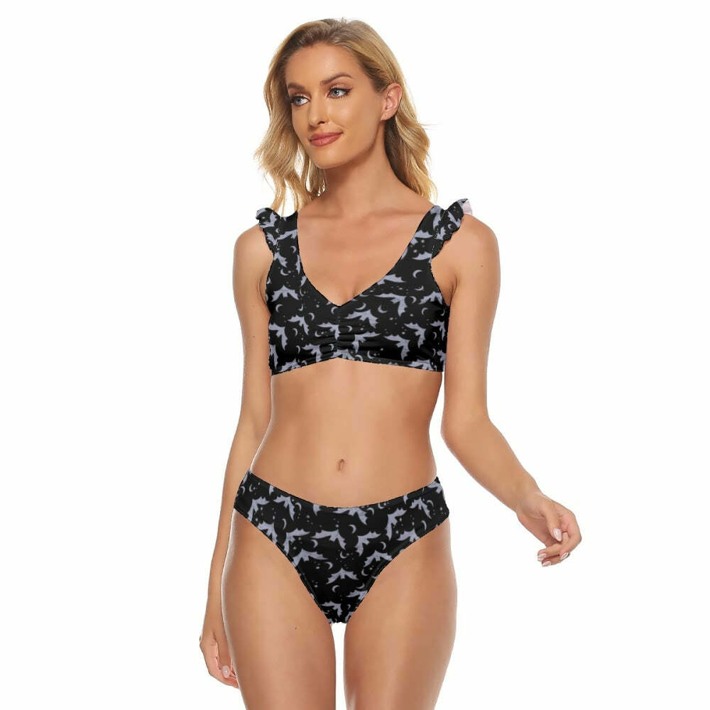Dark Gothic Bat Ruffle Strap Bikini Set - Y2K Grunge Summer Outfit, Retro 90s Goth Swimwear