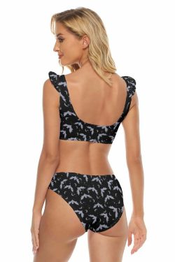 Dark Gothic Bat Ruffle Strap Bikini Set - Y2K Grunge Summer Outfit, Retro 90s Goth Swimwear