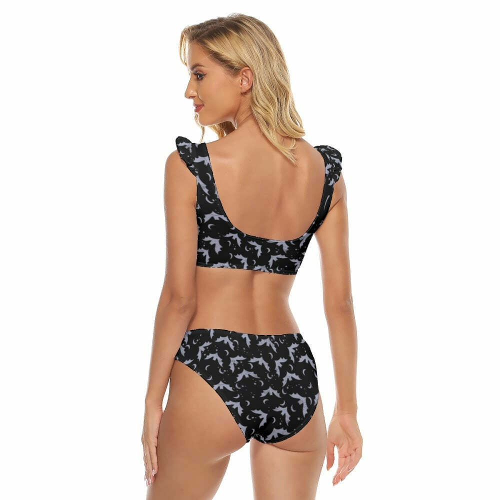 Dark Gothic Bat Ruffle Strap Bikini Set - Y2K Grunge Summer Outfit, Retro 90s Goth Swimwear