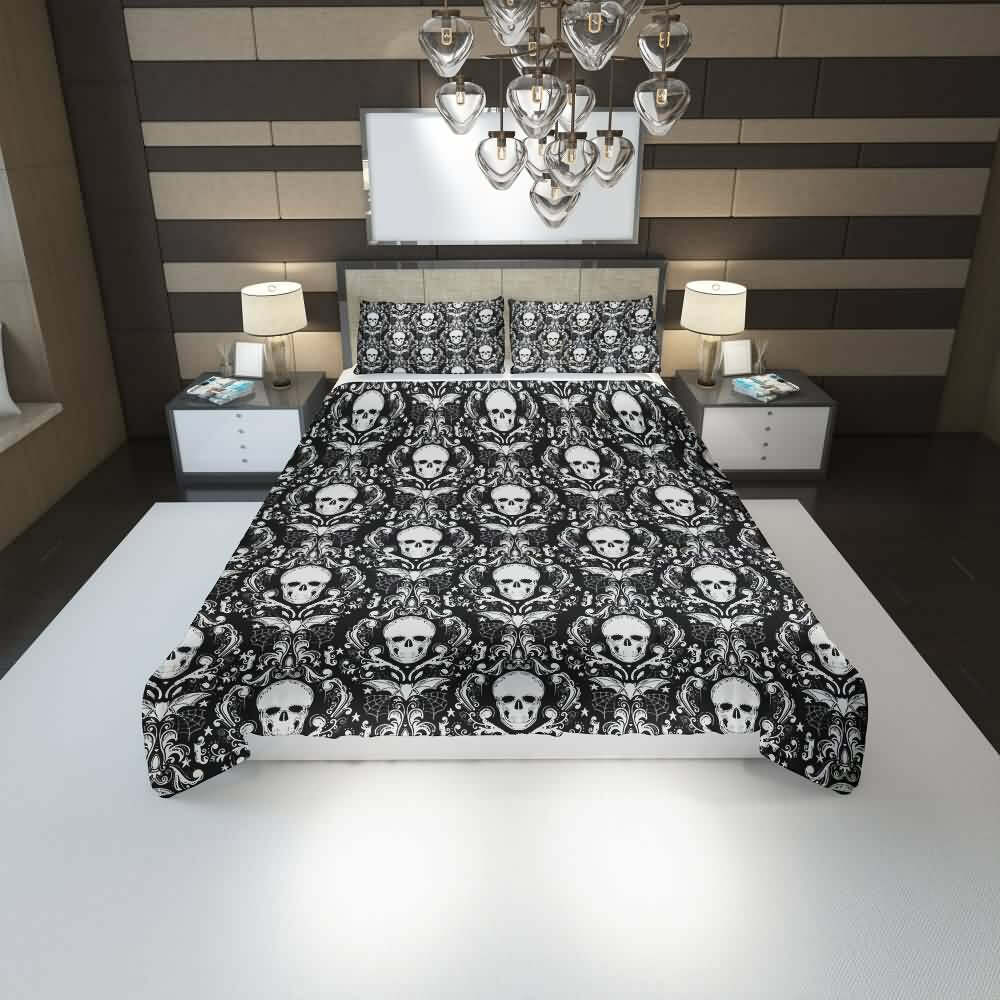 Dark Gothic Skull Duvet Cover Set - Y2K Grunge, 90s Retro, Pastel Goth, Y2K Summer Outfits